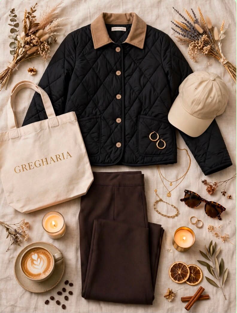 Chaqueta acolchada negra con cuello café y pantalón café