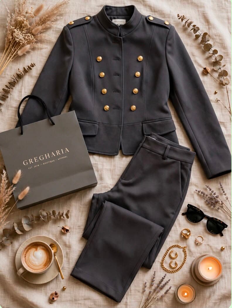 Chaqueta estilo militar gris con botones dorados y pantalón a juego
