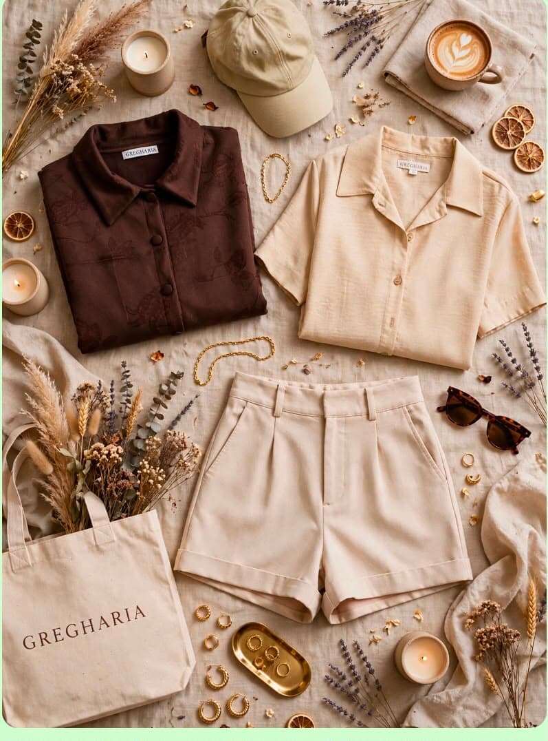 Camisa estampada café y camisa beige combinadas con shorts beige