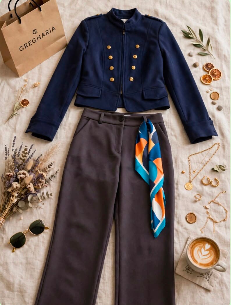 Chaqueta estilo militar azul marino con pantalón café y pañuelo