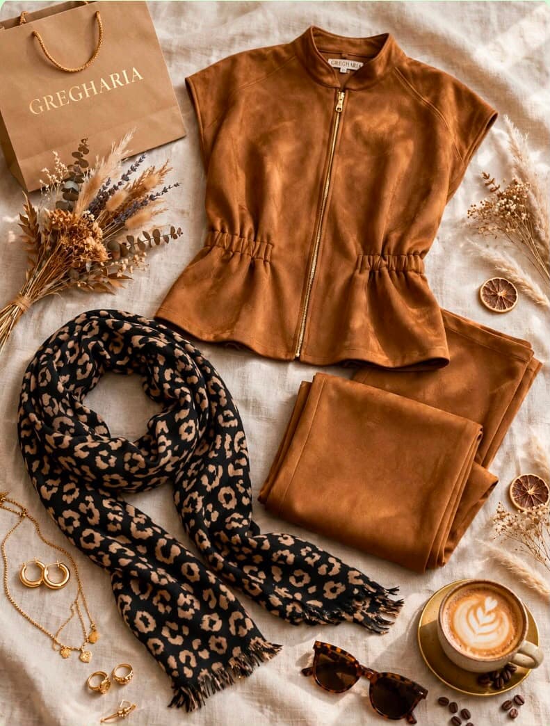 Chaqueta de suede camel con pantalón a juego y pañuelo animal print