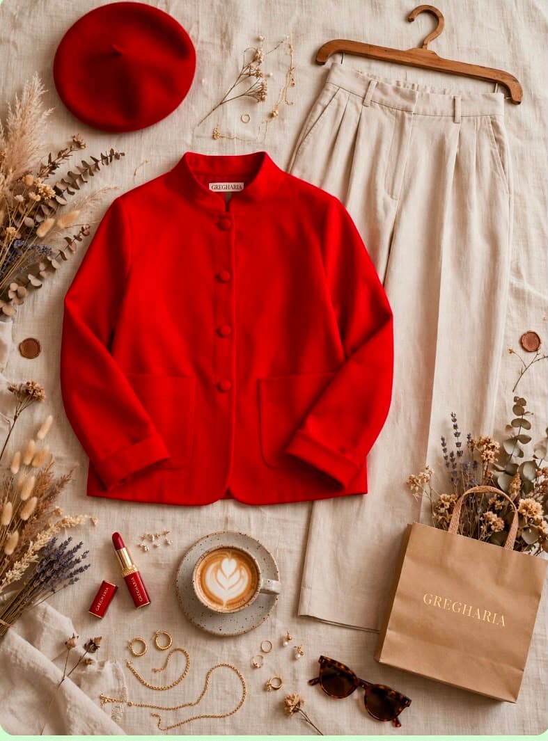 Chaqueta roja con pantalón beige y boina roja
