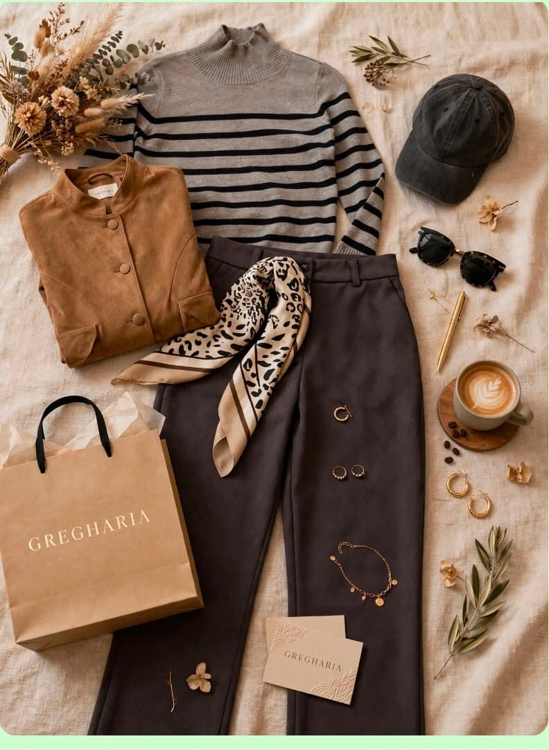Sweater a rayas con chaqueta camel y pantalón café