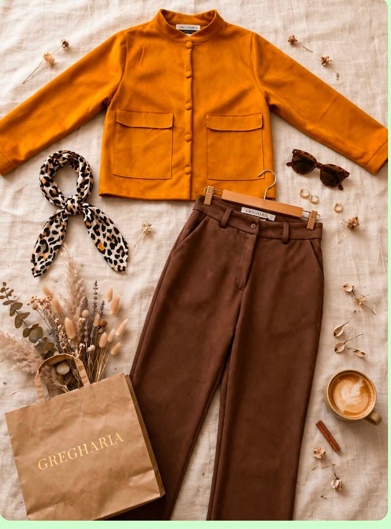 Chaqueta mostaza con pantalón café